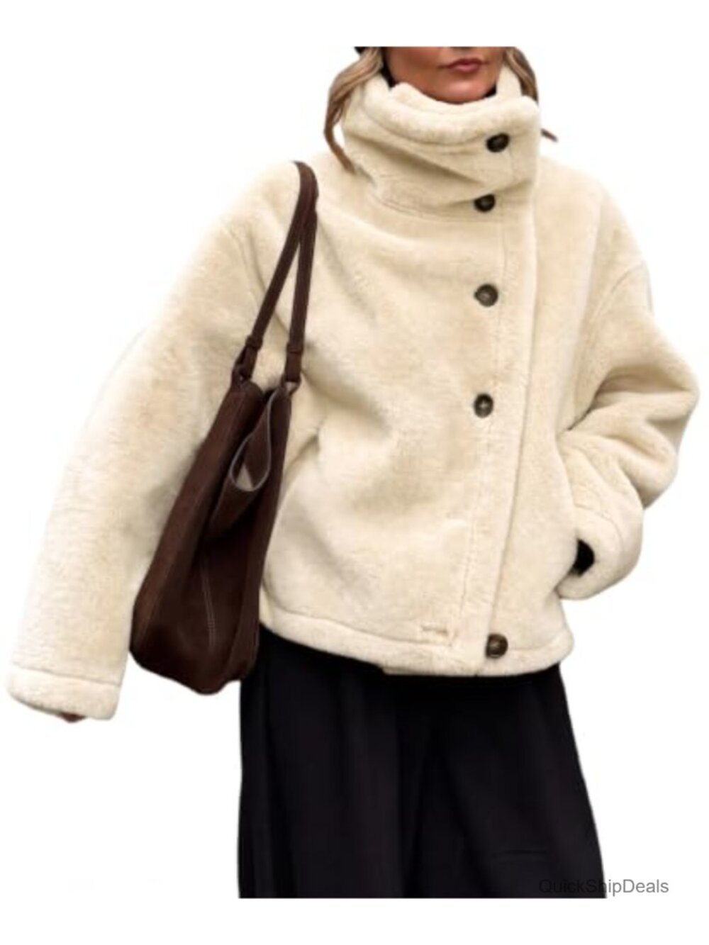 Oversized Sherpa Fleece Jacket Button Down Stand Collar Winter Coat